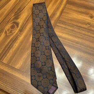 gimbels vintage Italian Silk Brown‎ Iridescent Navy Geo Necktie
